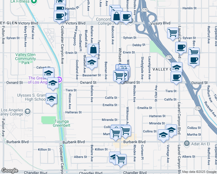 map of restaurants, bars, coffee shops, grocery stores, and more near 5944 Beeman Avenue in Los Angeles