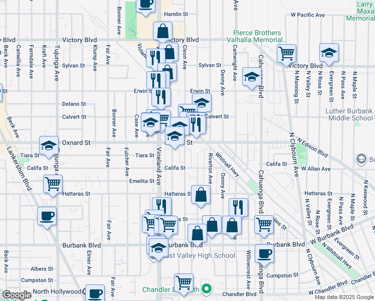 map of restaurants, bars, coffee shops, grocery stores, and more near 5944 Cleon Avenue in Los Angeles