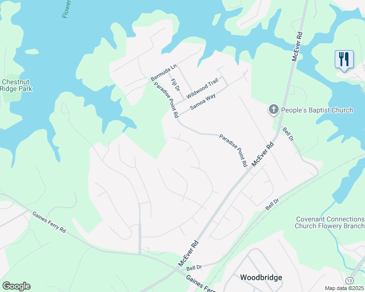 map of restaurants, bars, coffee shops, grocery stores, and more near 6413 S Creek Ct in Flowery Branch