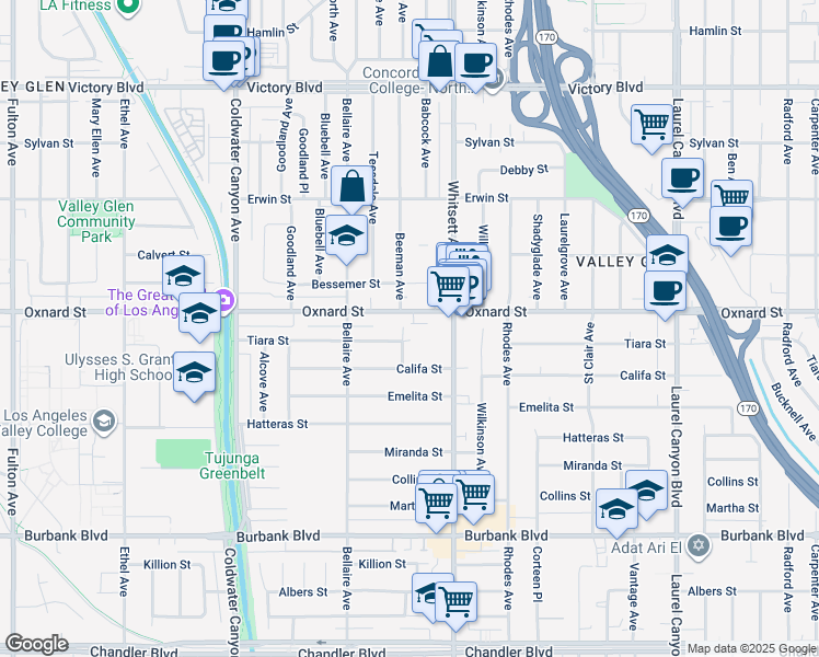 map of restaurants, bars, coffee shops, grocery stores, and more near 5944 Beeman Avenue in Valley Village