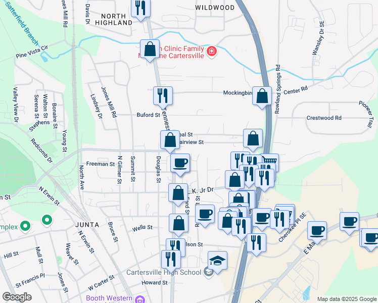 map of restaurants, bars, coffee shops, grocery stores, and more near 20 Moore St in Cartersville