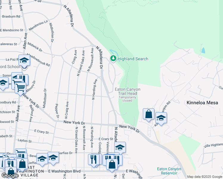 map of restaurants, bars, coffee shops, grocery stores, and more near 1915 Canyon Close Road in Pasadena