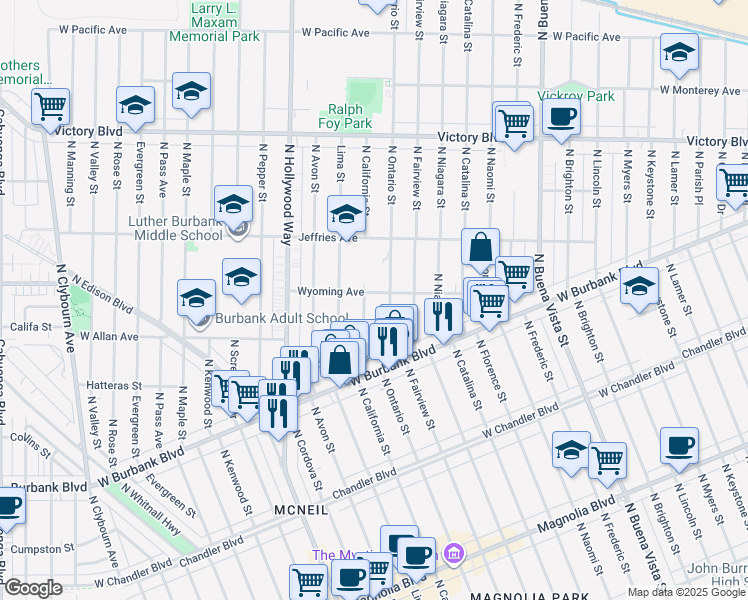 map of restaurants, bars, coffee shops, grocery stores, and more near 3114 Wyoming Avenue in Burbank