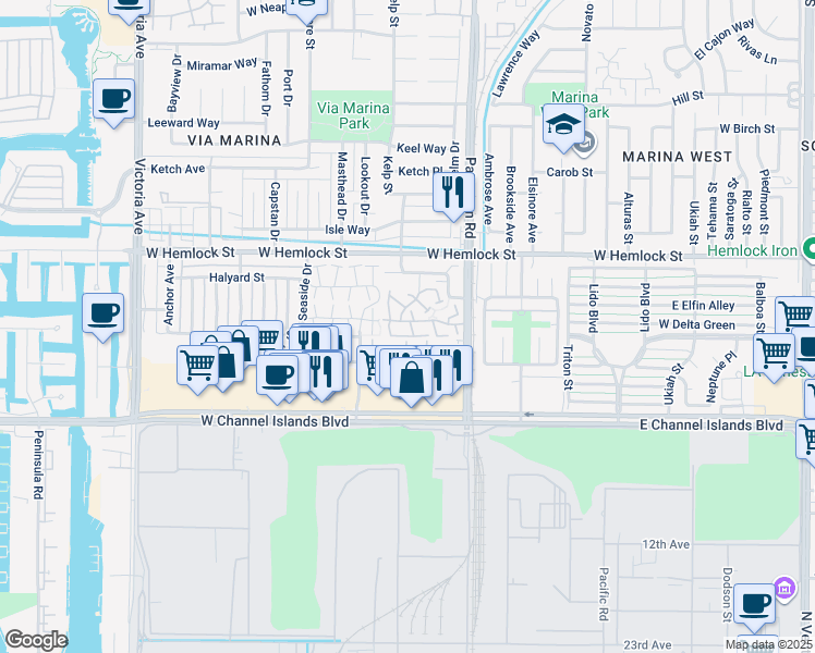 map of restaurants, bars, coffee shops, grocery stores, and more near 460 Las Palomas Drive in Port Hueneme