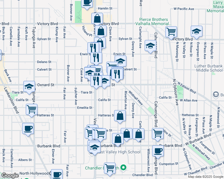 map of restaurants, bars, coffee shops, grocery stores, and more near 5944 Cleon Avenue in Los Angeles