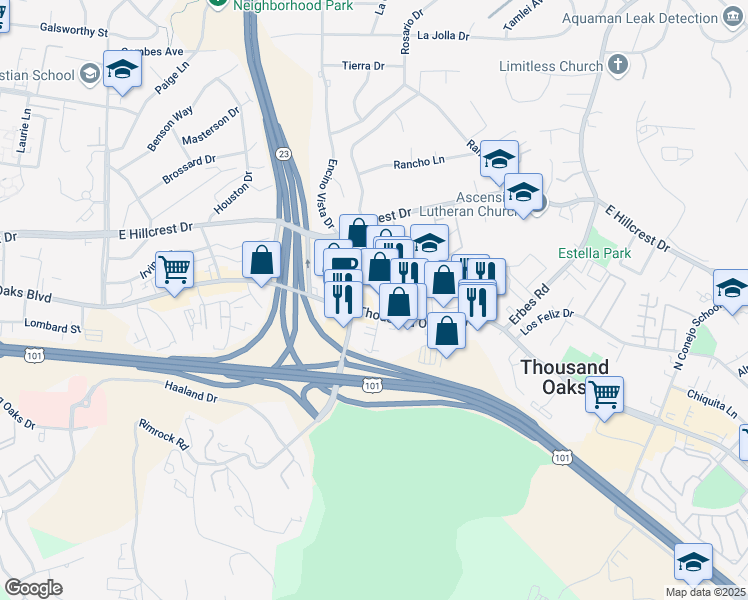 map of restaurants, bars, coffee shops, grocery stores, and more near 1265 Thousand Oaks Boulevard in Thousand Oaks