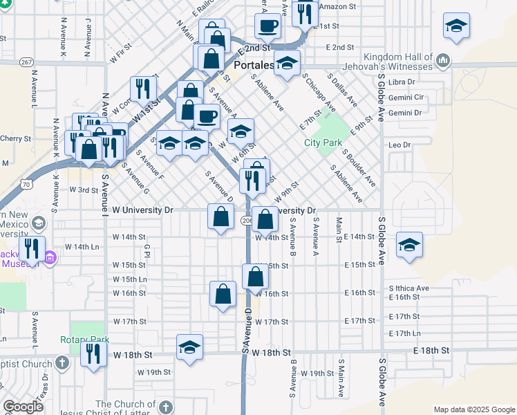 map of restaurants, bars, coffee shops, grocery stores, and more near 412 West University Drive in Portales