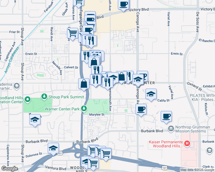 map of restaurants, bars, coffee shops, grocery stores, and more near 21700 West Oxnard Street in Los Angeles