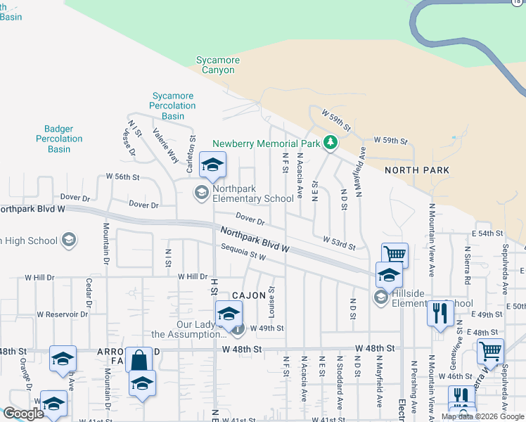 map of restaurants, bars, coffee shops, grocery stores, and more near 661 West 55th Street in San Bernardino