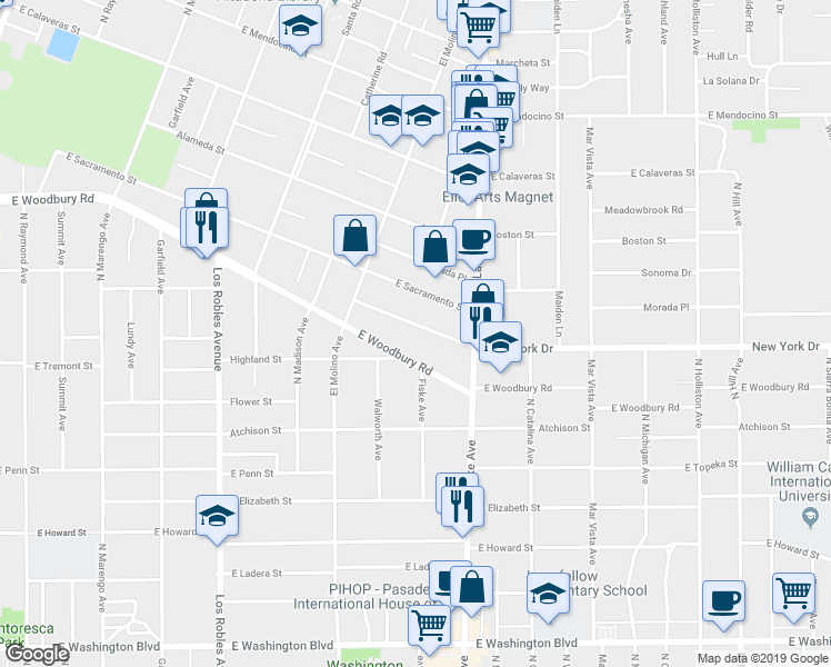 map of restaurants, bars, coffee shops, grocery stores, and more near 804 New York Drive in Altadena