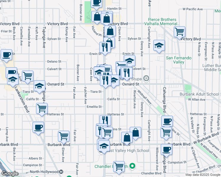 map of restaurants, bars, coffee shops, grocery stores, and more near 5945 Craner Avenue in Los Angeles