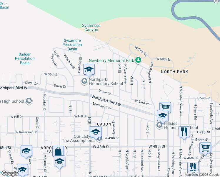 map of restaurants, bars, coffee shops, grocery stores, and more near 661 West 55th Street in San Bernardino