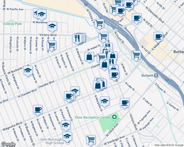 map of restaurants, bars, coffee shops, grocery stores, and more near 525 North Shelton Street in Burbank