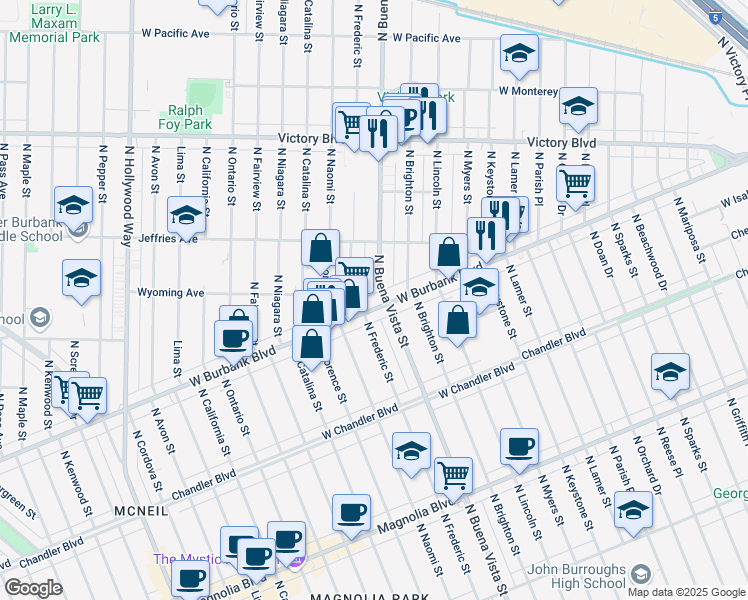 map of restaurants, bars, coffee shops, grocery stores, and more near 2411 West Burbank Boulevard in Burbank