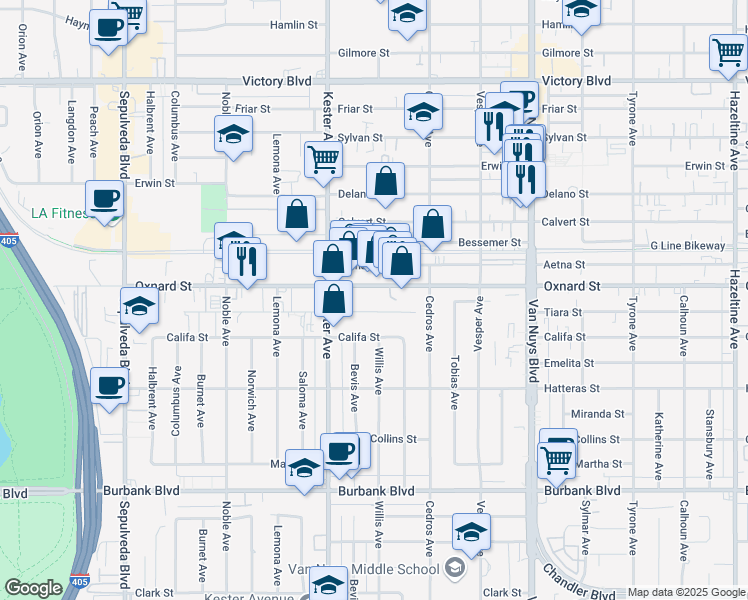 map of restaurants, bars, coffee shops, grocery stores, and more near 14752 Oxnard Street in Los Angeles