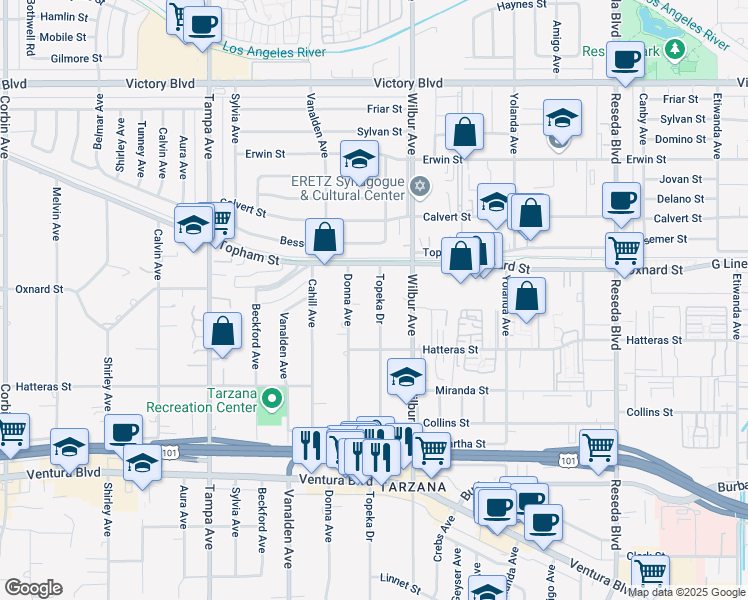 map of restaurants, bars, coffee shops, grocery stores, and more near 5961 Topeka Drive in Los Angeles