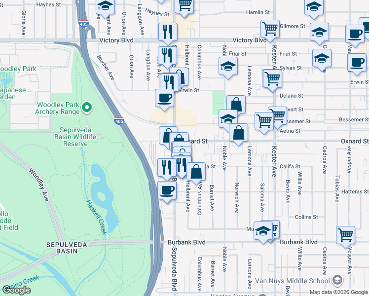 map of restaurants, bars, coffee shops, grocery stores, and more near 5990 Sepulveda Boulevard in Los Angeles