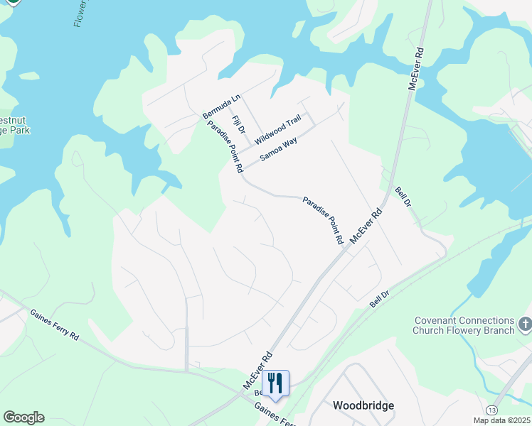 map of restaurants, bars, coffee shops, grocery stores, and more near 6384 South Creek Court in Flowery Branch