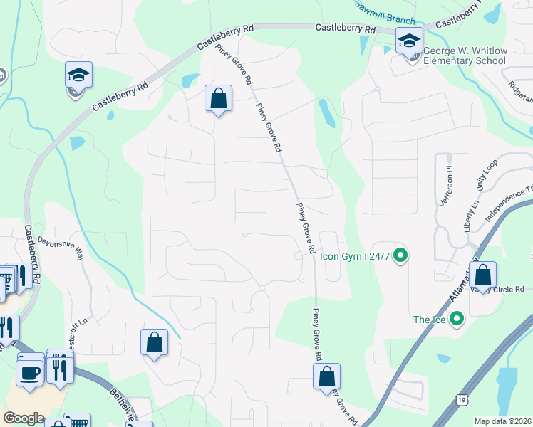 map of restaurants, bars, coffee shops, grocery stores, and more near Oak Grove Drive in Forsyth County