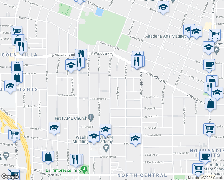 map of restaurants, bars, coffee shops, grocery stores, and more near 1930 North Marengo Avenue in Pasadena