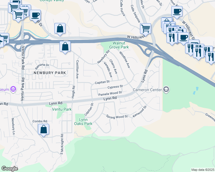map of restaurants, bars, coffee shops, grocery stores, and more near 793 Cypress Street in Thousand Oaks