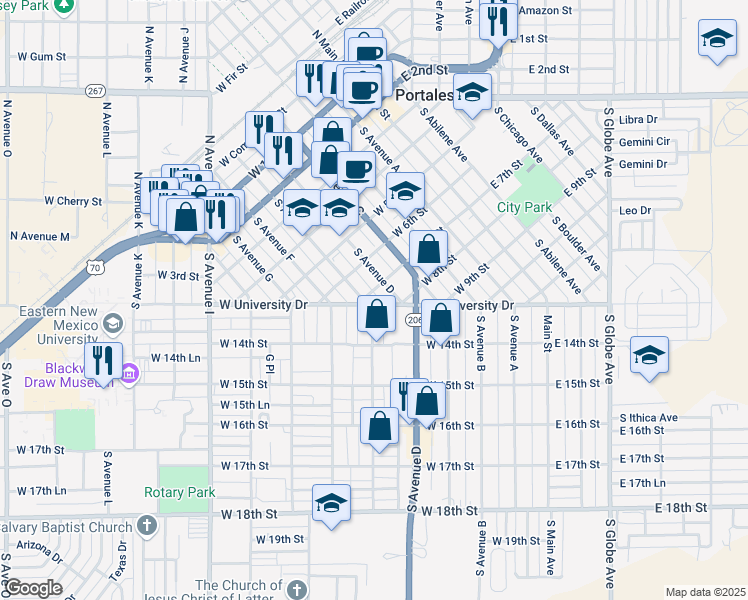 map of restaurants, bars, coffee shops, grocery stores, and more near 820 South Avenue C in Portales