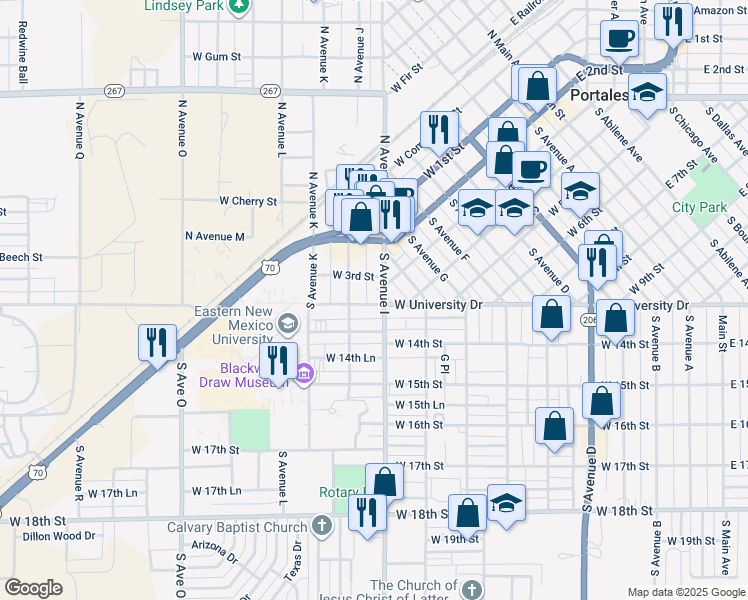 map of restaurants, bars, coffee shops, grocery stores, and more near 316 South Avenue I in Portales