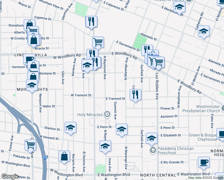map of restaurants, bars, coffee shops, grocery stores, and more near 1934 Summit Avenue in Pasadena
