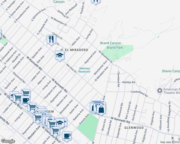 map of restaurants, bars, coffee shops, grocery stores, and more near 1436 Western Avenue in Glendale