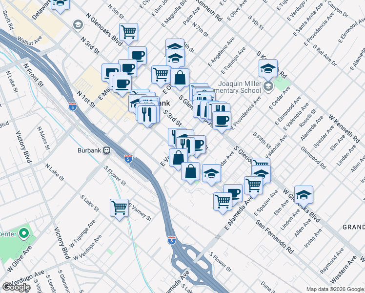 map of restaurants, bars, coffee shops, grocery stores, and more near 240 East Verdugo Avenue in Burbank