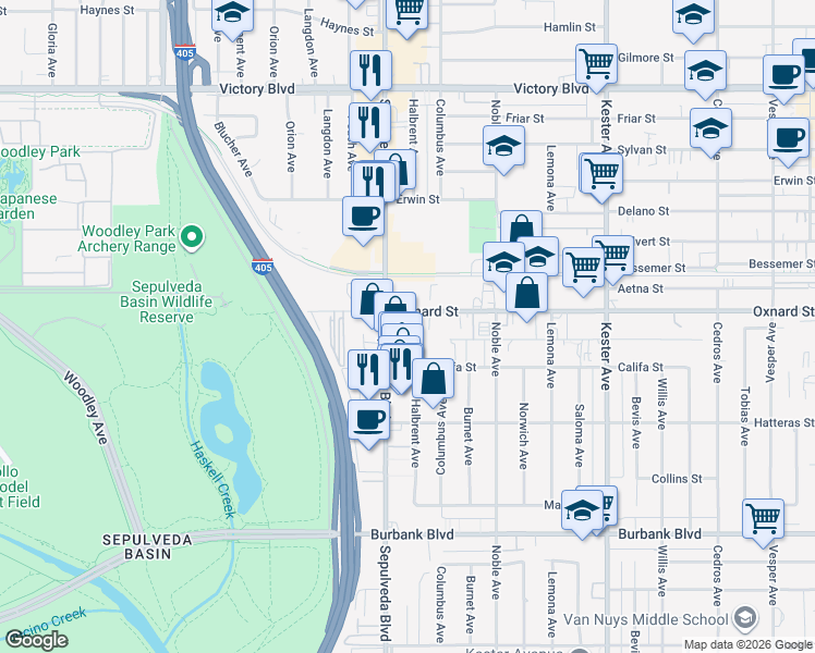 map of restaurants, bars, coffee shops, grocery stores, and more near 5990 Sepulveda Boulevard in Los Angeles