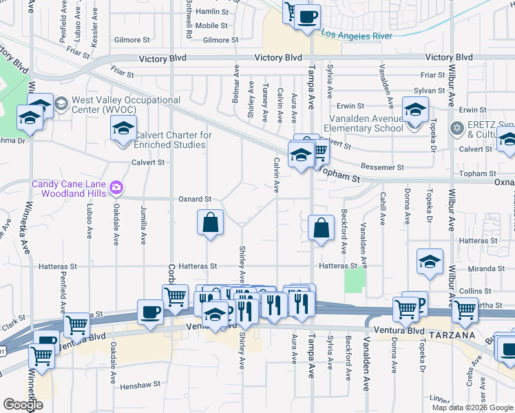map of restaurants, bars, coffee shops, grocery stores, and more near 19439 West Oxnard Street in Los Angeles