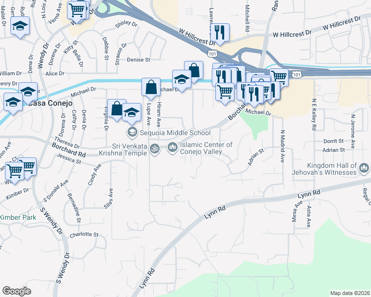 map of restaurants, bars, coffee shops, grocery stores, and more near 39 Herringbone Court in Thousand Oaks