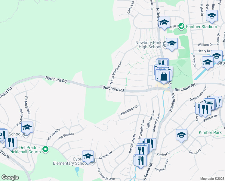 map of restaurants, bars, coffee shops, grocery stores, and more near 4011 San Luis Street in Thousand Oaks
