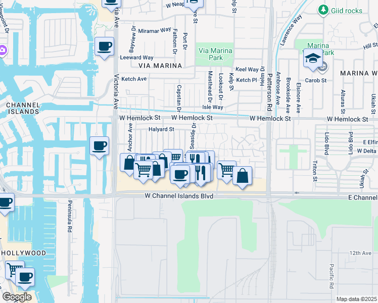 map of restaurants, bars, coffee shops, grocery stores, and more near 2573 Rudder Avenue in Port Hueneme