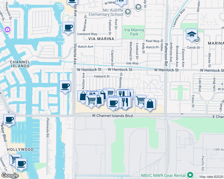 map of restaurants, bars, coffee shops, grocery stores, and more near 2573 Rudder Avenue in Port Hueneme