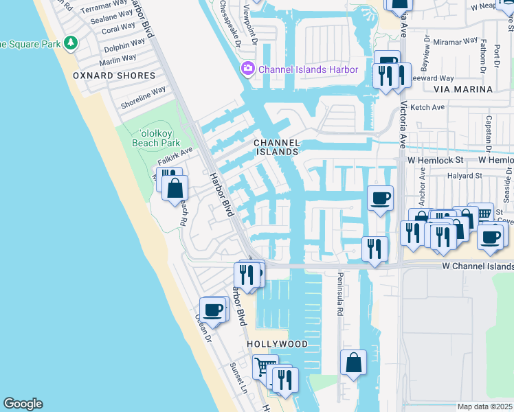 map of restaurants, bars, coffee shops, grocery stores, and more near 2221 Kingsbridge Lane in Oxnard