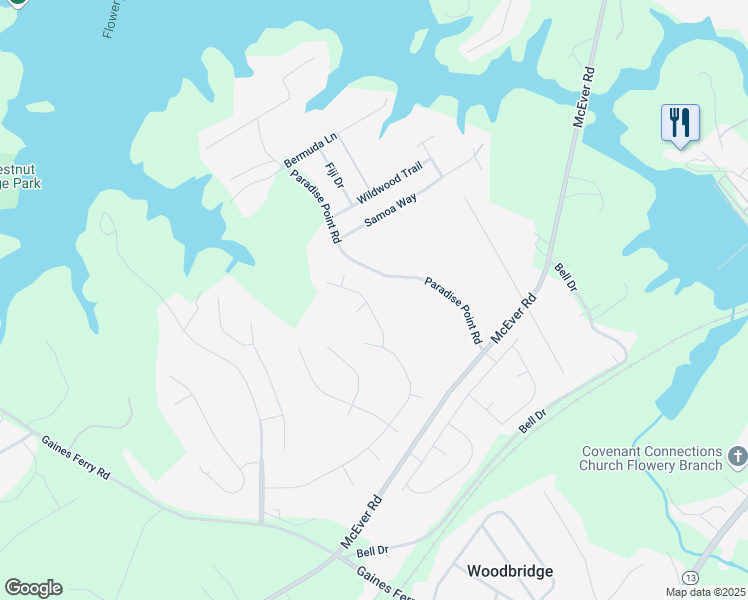 map of restaurants, bars, coffee shops, grocery stores, and more near 6384 South Creek Court in Flowery Branch