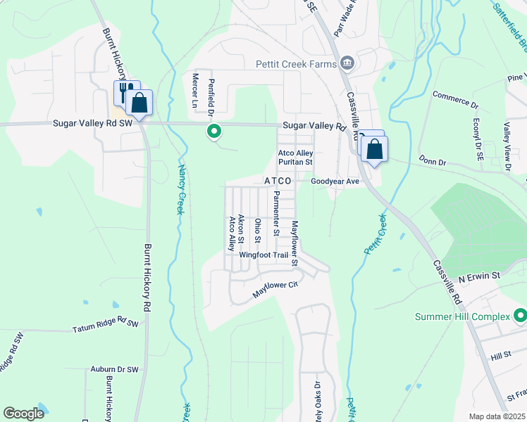 map of restaurants, bars, coffee shops, grocery stores, and more near 24 Ohio Street in Cartersville