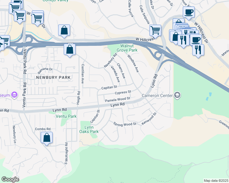 map of restaurants, bars, coffee shops, grocery stores, and more near 793 Cypress Street in Thousand Oaks