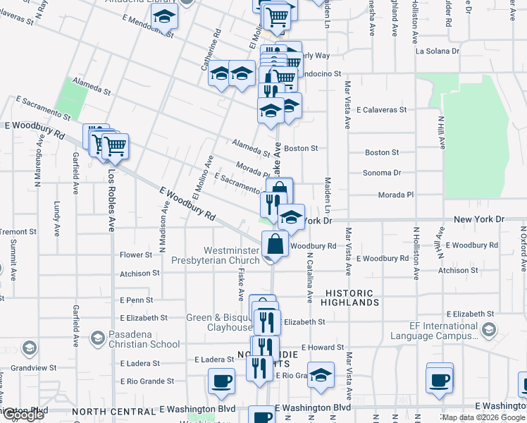 map of restaurants, bars, coffee shops, grocery stores, and more near 867 New York Drive in Altadena