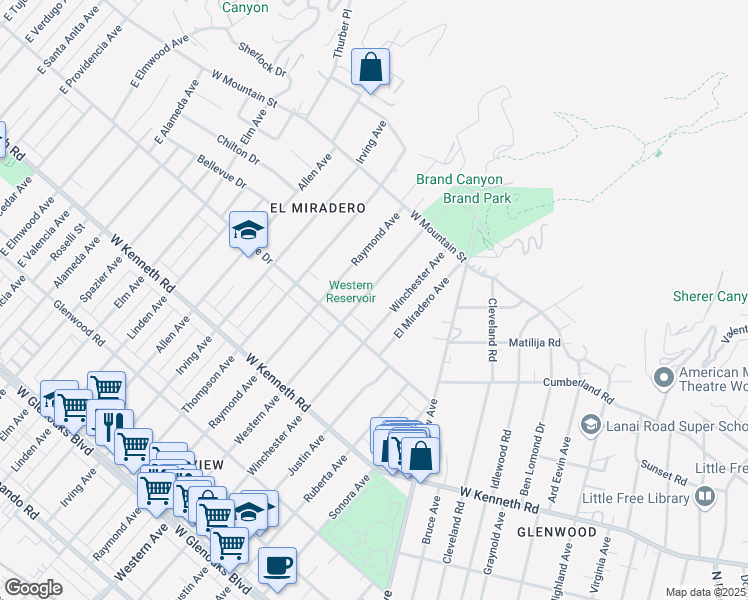 map of restaurants, bars, coffee shops, grocery stores, and more near 1436 Western Avenue in Glendale