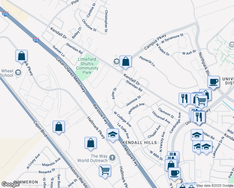 map of restaurants, bars, coffee shops, grocery stores, and more near 5516 Dahlia Street in San Bernardino