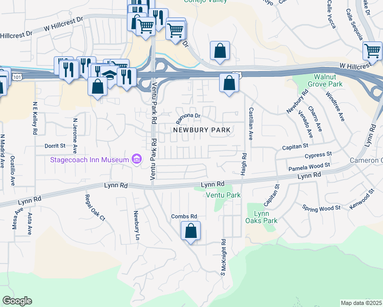 map of restaurants, bars, coffee shops, grocery stores, and more near 60 Saint John Court in Thousand Oaks