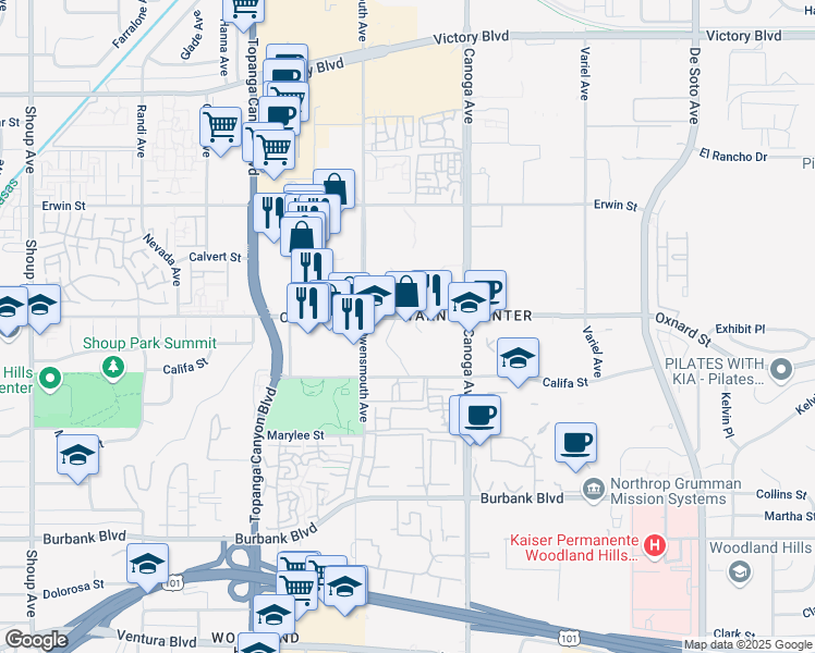 map of restaurants, bars, coffee shops, grocery stores, and more near 21550 Oxnard Street in Los Angeles