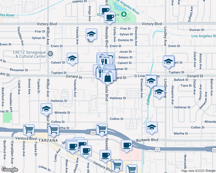 map of restaurants, bars, coffee shops, grocery stores, and more near 6002-6022 Reseda Boulevard in Los Angeles