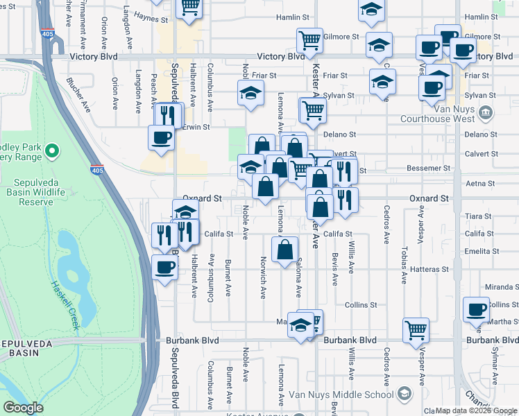 map of restaurants, bars, coffee shops, grocery stores, and more near 15040 Oxnard Street in Los Angeles