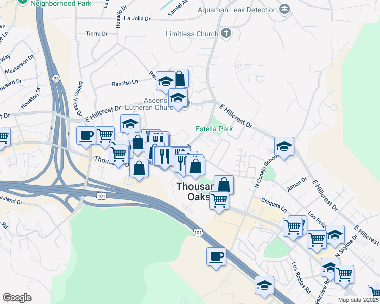 map of restaurants, bars, coffee shops, grocery stores, and more near 130 Erbes Road in Thousand Oaks