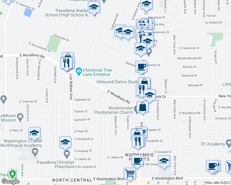 map of restaurants, bars, coffee shops, grocery stores, and more near 723 East Woodbury Road in Altadena