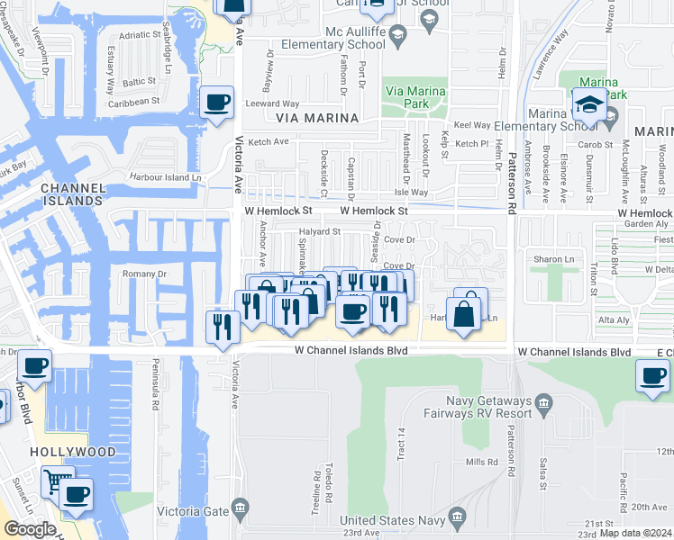 map of restaurants, bars, coffee shops, grocery stores, and more near 2563 Sextant Avenue in Port Hueneme